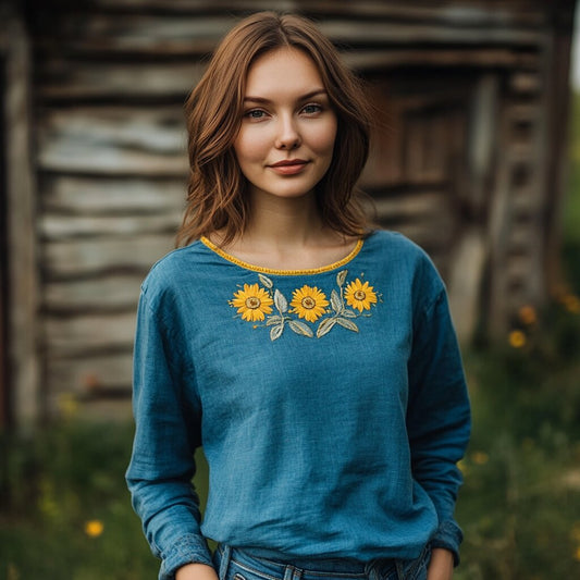 Vintage Sunflower Floral Linen Crew Neck T-shirt artswardrobe