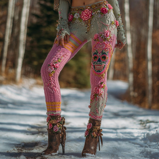Women's Vintage Sugar Skull And Floral Pattern Comfortable Leggings elevenforest
