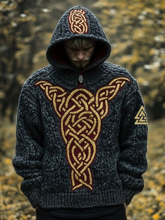 Men's Viking Inspired Celtic Jacquard Cozy Hooded Sweater elevenforest