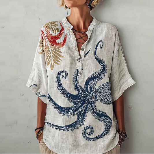 Comstylish Women's Japanese Art Ocean Octopus Floral Linen Shirt