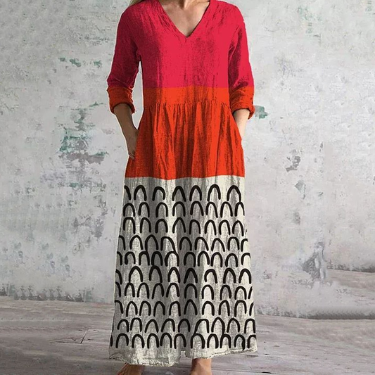 Vintage Rainbow Line  Contrast Colors Art Pattern Women's Linen Dress artswardrobe