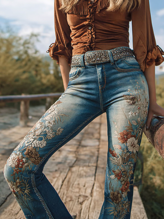 Comstylish Bohemian Western Cowboy Style Plant Flower Embroidery Women's Skinny Jeans