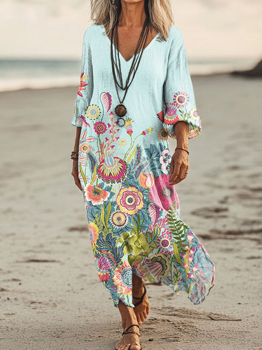 Women's Floral Art Print Pocket Cotton Dresses