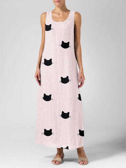 Cute Cat Heads Print Linen Maxi Dress elevenforest