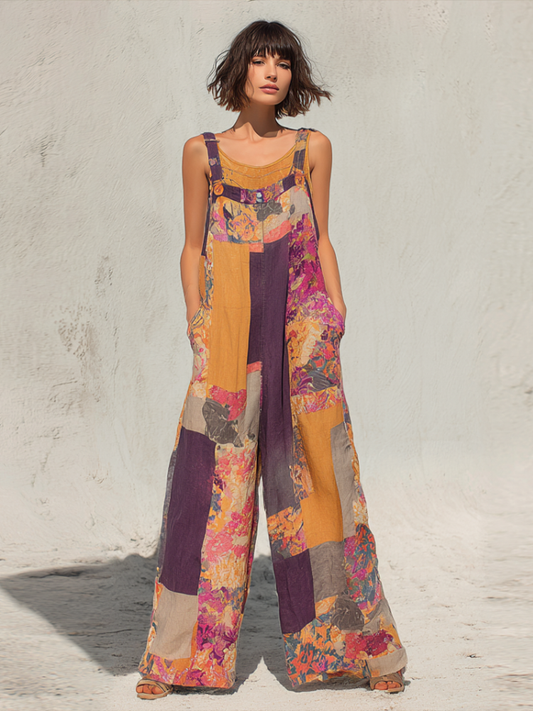 Bohemian Style Plant Flower Pattern Color Block Women's Loose Overalls artswardrobe
