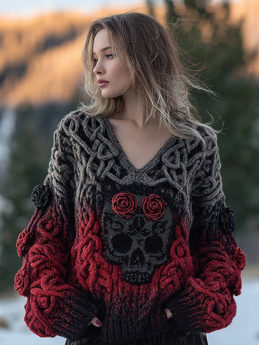 Vintage Red Roses Skull Viking Celtic V Neck Cozy Knit Sweater artswardrobe