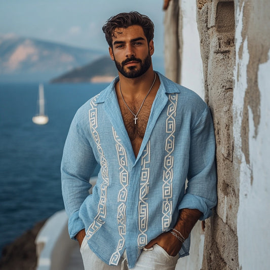 Men's Retro Greek Key Inspired Linen Blend Comfy Blouse artswardrobe