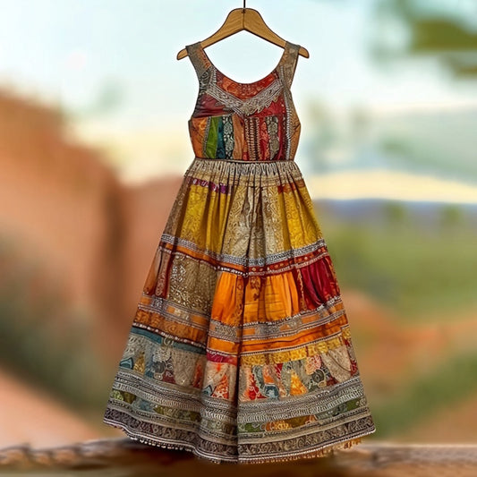 Women's Retro Colorful Holiday Hippie Contrast Color Midi Dress artswardrobe