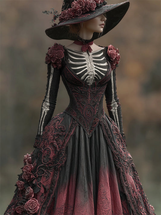 Comstylish Vintage Halloween Skeleton Scarlet Roses Gradient Linen Maxi Dress