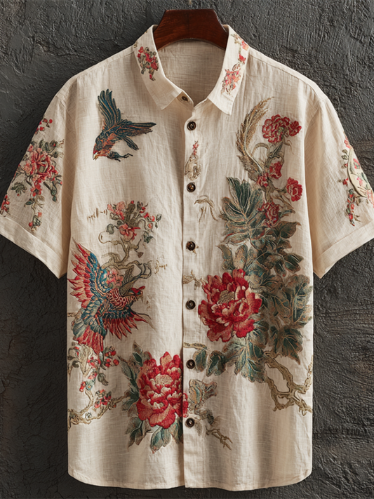 Western Style Flower And Bird Elements Retro Cotton And Linen Short-sleeve Shirt artswardrobe