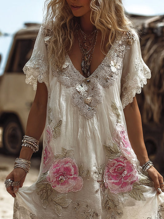 Women's Vintage Unbeatable Flower Short-sleeved V-neck Long Dress artswardrobe