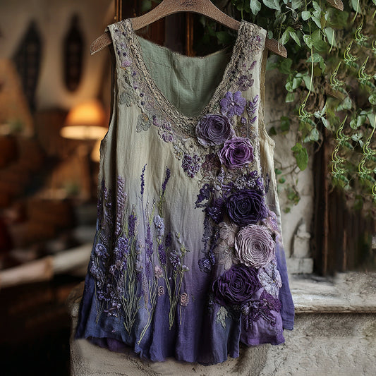 Vintage Classy Gradient Blue Rose And Floral Embroidered Pattern Linen V Neck Tank Top artswardrobe