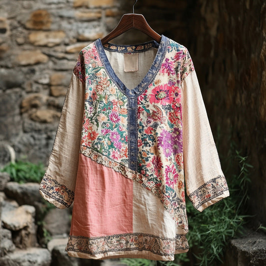 Women's Retro Tribal Floral Stitching Cotton And Linen Long Sleeve Shirt artswardrobe