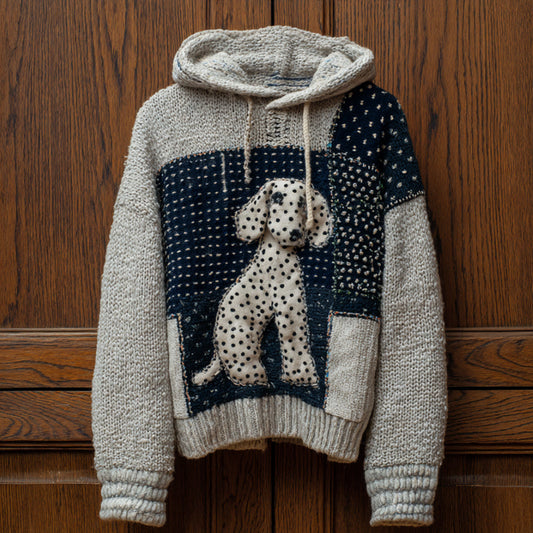 Vintage Geometric Patchwork Spotted Dog Hooded Sweater artswardrobe