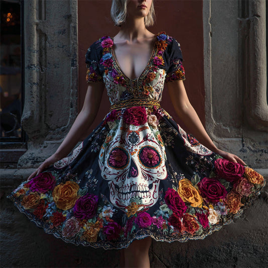 Comstylish Day Of The Dead Sugar Skulls Floral Beaded Wide Skirted Linen Dress