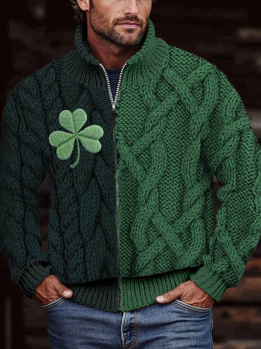 Men's Shamrock Embroidered Jacquard Cozy Zip Cardigan artswardrobe