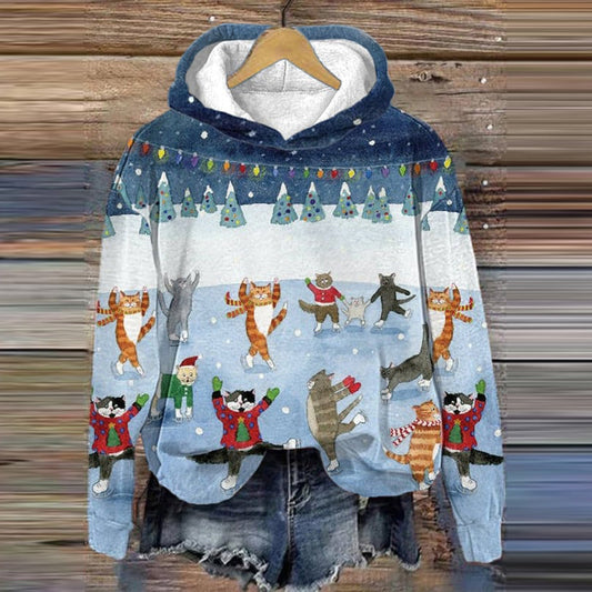 Christmas Cat Print Long Sleeve Hoodie elevenforest