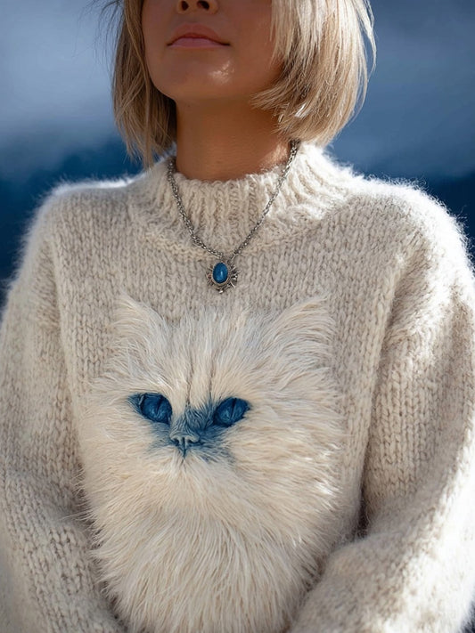 Comstylish Pretty Fuzzy Cat Embroidered Soft Cozy Knit Sweater