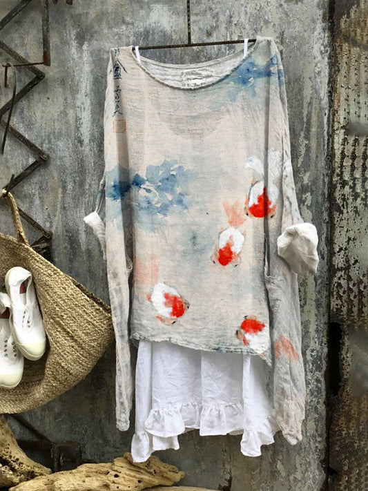 Comstylish Ink Goldfish Print Linen Blend Tunic