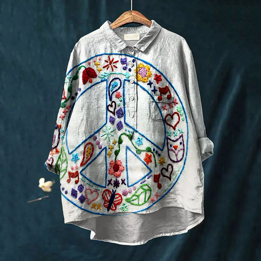 Comstylish Women's Vintage Peace Hippie Vibe Art Print Casual Cotton And Linen Shirt