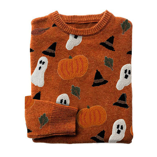 Women's Halloween Spooky Pumpkin Print Sweater artswardrobe