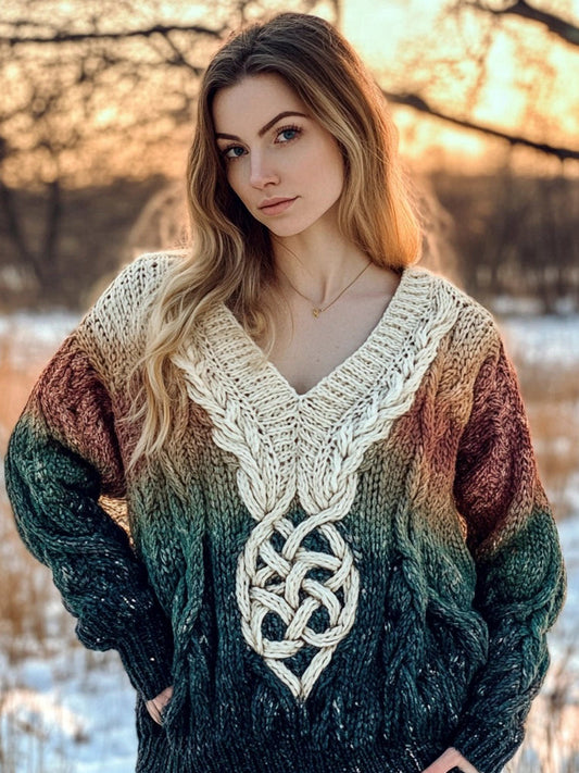 Celtic Knot Pattern Women's Gradient V-neck Sweater elevenforest