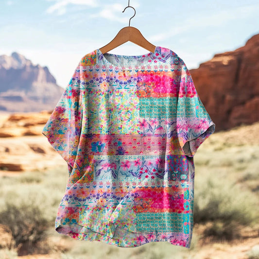 Women's Floral Art Print Casual Linen Crew Neck Shirt artswardrobe