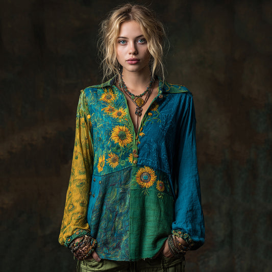 Starry Sky And Sunflowers Painting Patchwork Shirt artswardrobe