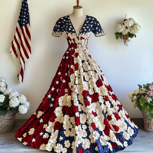 Women's Independence Day Flag And Floral Print Short Sleeve Dress artswardrobe
