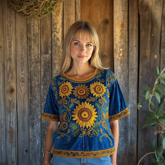 Comstylish Vintage Sunflower Ethnic Floral Linen T-shirt
