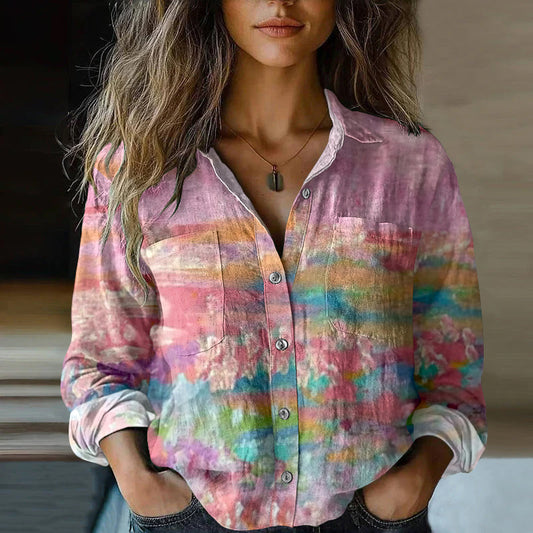 Women's Retro Gradient Cancer Awareness Ribbon Gradient Art Casual Linen Shirt artswardrobe