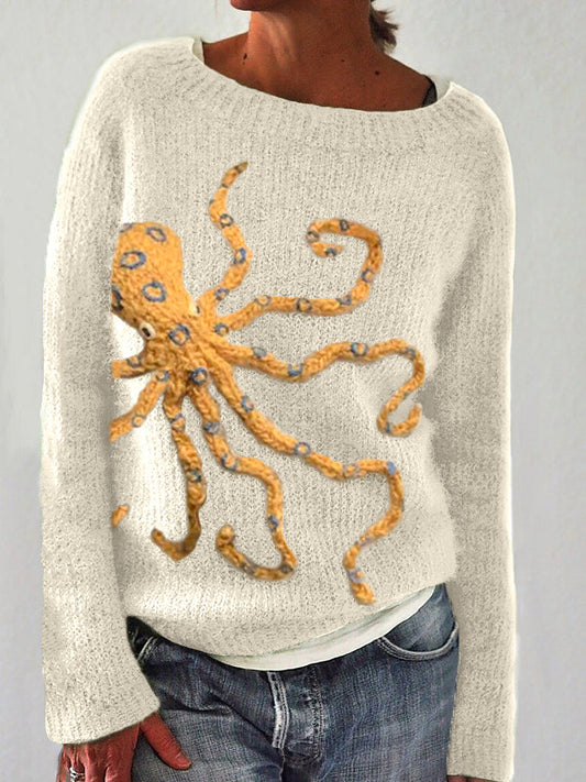 Women's Cute Octopus Embroidery Pattern Cozy Knit Sweater elevenforest