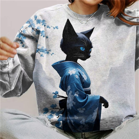 Women's Retro Kimono Cat Print Long Sleeve Sweatshirt elevenforest