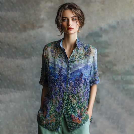 Women's Oil Painting Floral Contrast Color Sequined Shirt artswardrobe