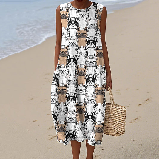 Retro Cute French Bulldog Art Linen Tank Midi Dress artswardrobe