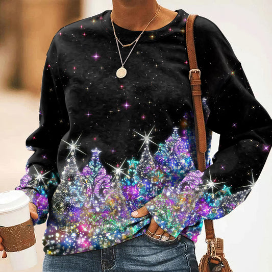 Comstylish Women's Christmas Tree Glitter Art Print Casual Sweatshirt