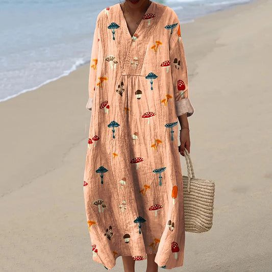 Vintage Mushroom Art Print V Neck Midi Dress artswardrobe