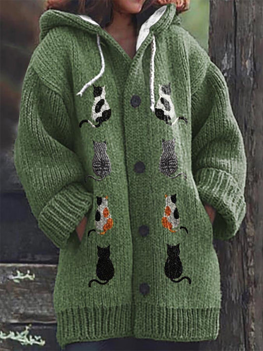Women's Cat Casual Print Cozy Knit Cardigan elevenforest