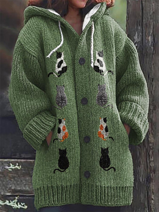 Women's Cat Casual Print Cozy Knit Cardigan artswardrobe