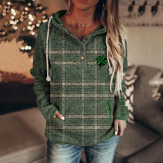 Comstylish Ireland Four Leaf Clover Embroidery Check Button Hoodie