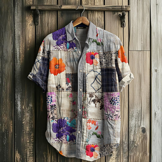 Men's Retro Floral Patchwork Art Linen Shirt artswardrobe