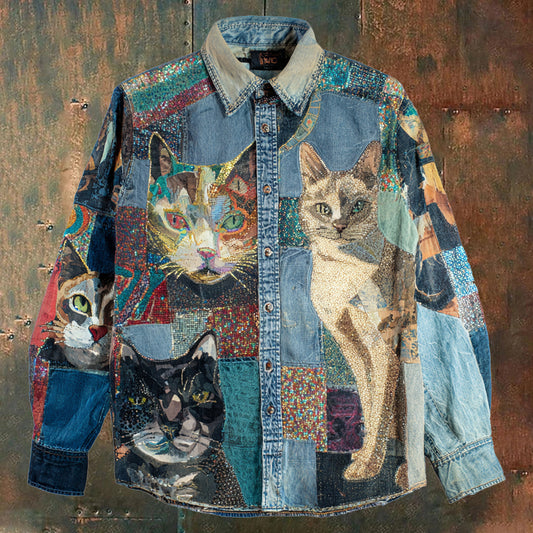 Comstylish Vintage Abstract Cat Art Women's Long Sleeve Denim Shirt