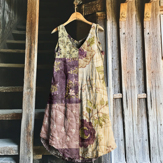 Comstylish Vintage Purple Floral Patchwork Art Linen Tank Dress