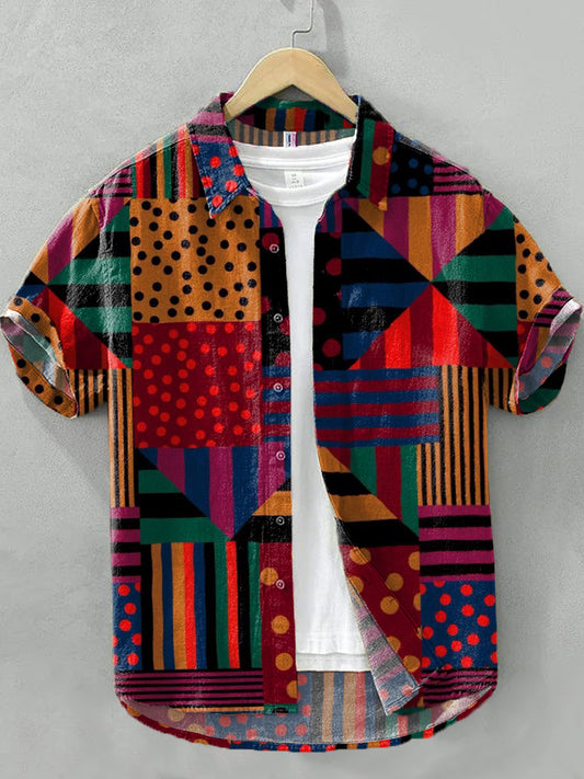 Men's Vintage Geometric Pattern Linen Blend Shirt artswardrobe