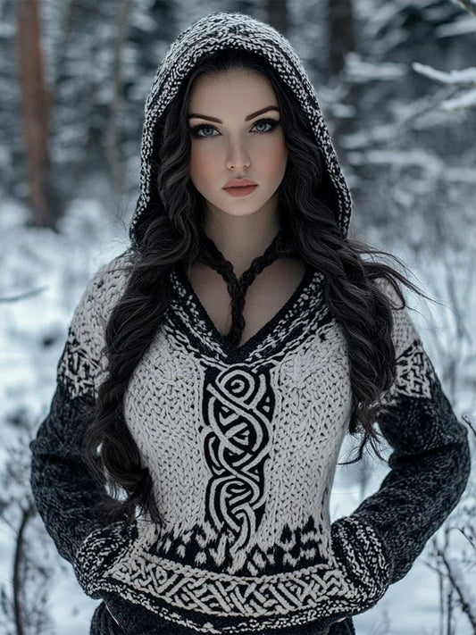 Women's Celtic Knot Jacquard Cozy Knit Hooded Sweater elevenforest