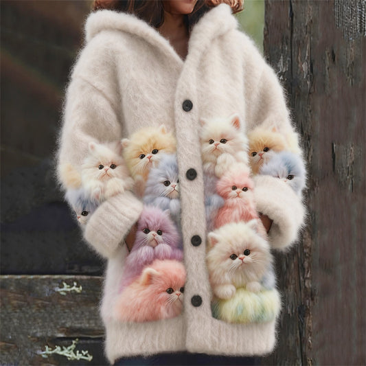 Comstylish Lovely Fuzzy Colorful Cats Cozy Hooded Cardigan