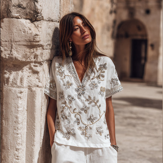 Comstylish Bohemian-style Japanese Art Three-dimensional Embroidery Floral Bead Embroidery White V-neck Short-sleeved Shirt