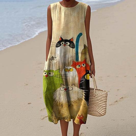 Comstylish Women's Vintage Colorful Cat Art Print Sleeveless Dress