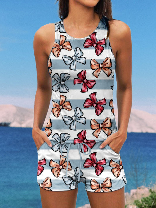 Stripes and Bows Print Halter Ruffle Ruched Jacquard Tankini Short Set