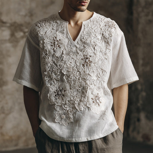 Men's Floral Lace Embroidered Cozy Linen Shirt artswardrobe
